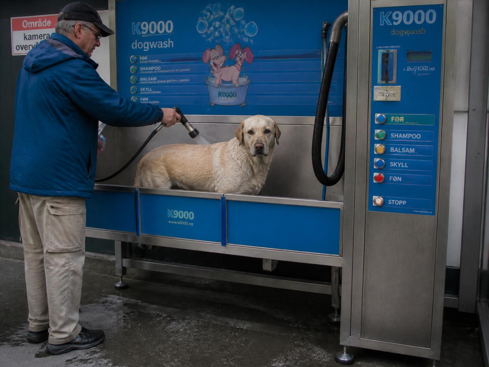 Glad golden retriever i selvbetjent Dogwash-maskin